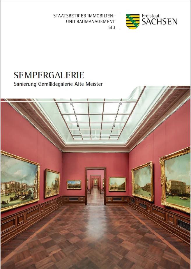 Titelbild zeigt die Gem&auml;ldegalerie. Die W&auml;nde sind mit rotem Stoffbespannt. Links und rechts des Ganges der durch verschiedene R&auml;ume f&uuml;hrt h&auml;ngen Gem&auml;lde. 