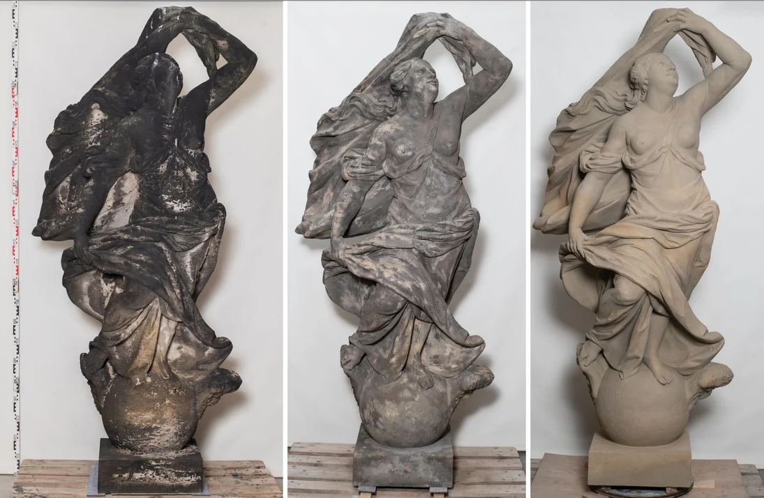 Vergleich: Statue vom Dresdner Zwinger vor und nach der Restaurierung mit aufgetragener Lasur (Bild 3)