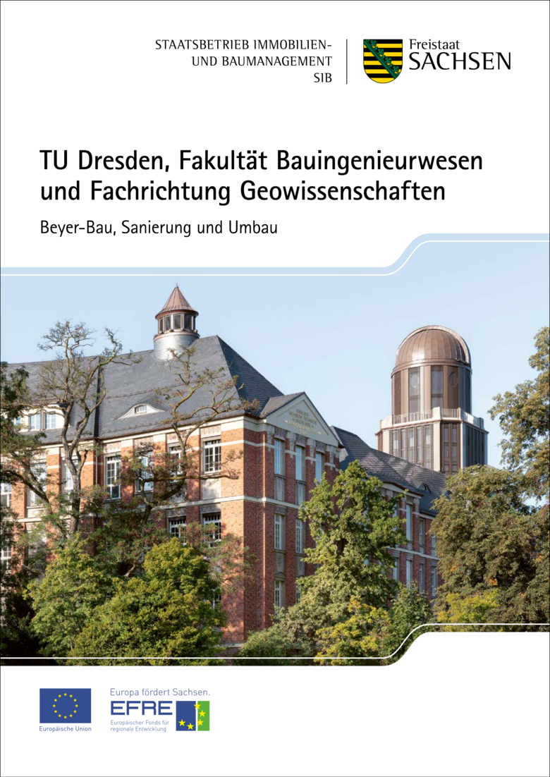 Coverseite des Faltblattes mit Außenaufnahme vom Beyer-Bau