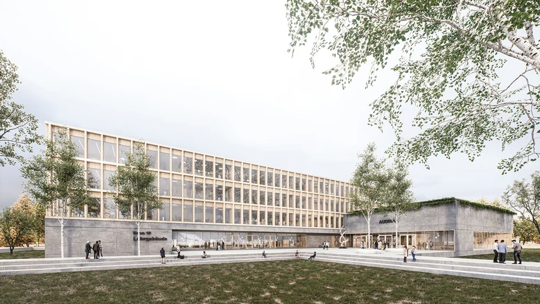 Langestrecktes Gebäude mit Erdgeschoss in massiver Bauweise und zweigeschossiger Anbau