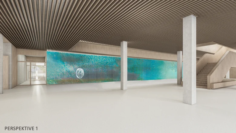 Das Bildnis bedeckt bedeckt eine lange Wand und besteht aus einzelnen Flecken und Flächen aus insbesondere Blautönen, aber auch die Farben Gelb, Burgunderrot und Grün sind vertreten und in wolkenartigen Gebilden angeordnet