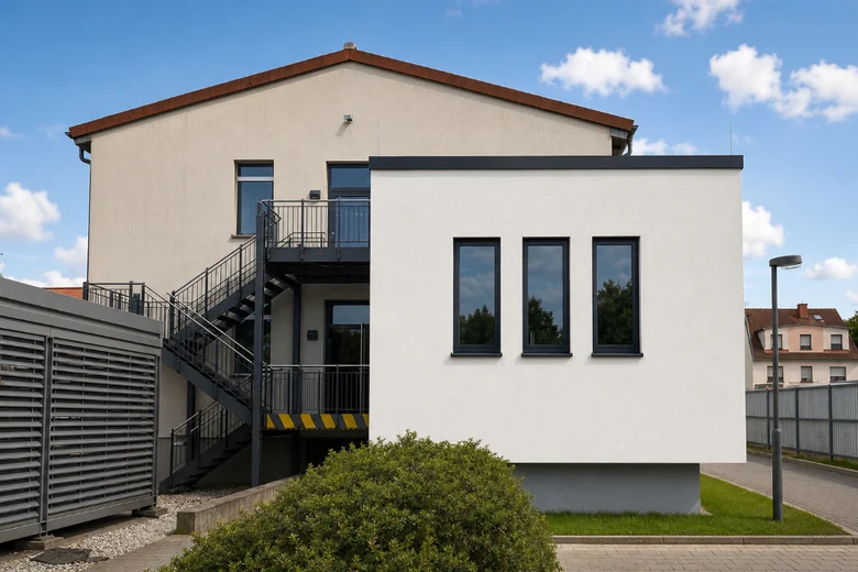 Haus mit kleinerem Anbau, beide mit hellen Fassaden umgeben von Wegen  neben einer technischer Anlage
