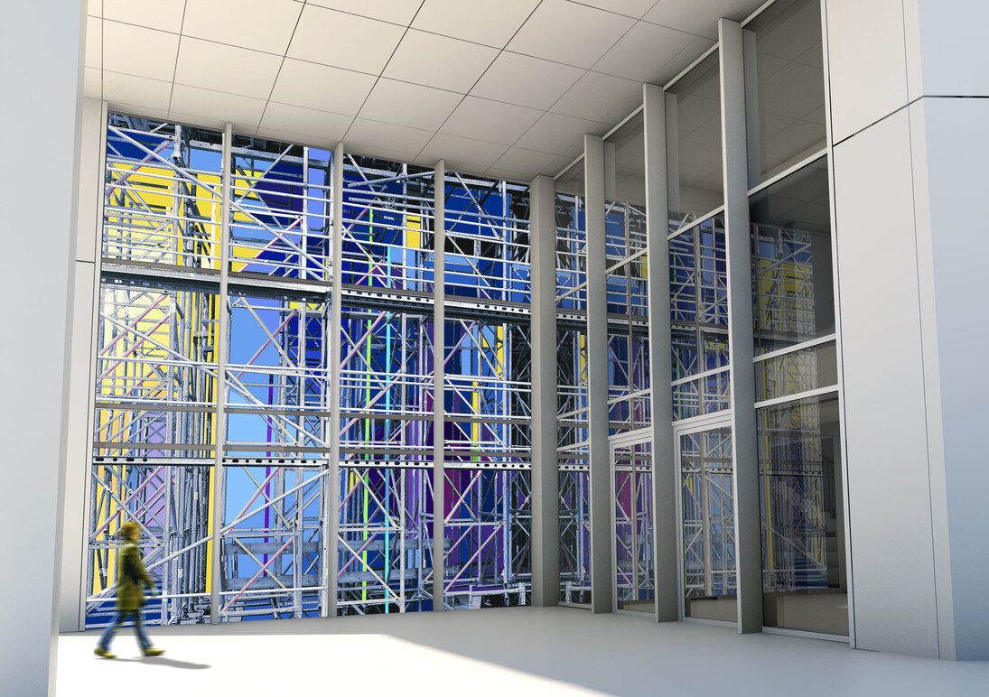 Visualisierung des künftigen Wandreliefs "work in progress" von Roland Fuhrmann im Haupteingangsbereich des Lehr- und Laborneubaus an der HTW Dresden