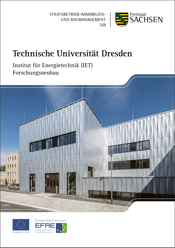 Titelbild des Faltblattes zum IET. Zu sehen ist die metallgl&auml;nzende Fassade.