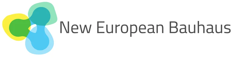 Das NEB-Logo besteht  aus drei verbundenen Kreisen, die jeweils mit andersfarbigen halbtransparenten  Flächen übermalt sind und dem Schriftzug "New European Bauhaus".