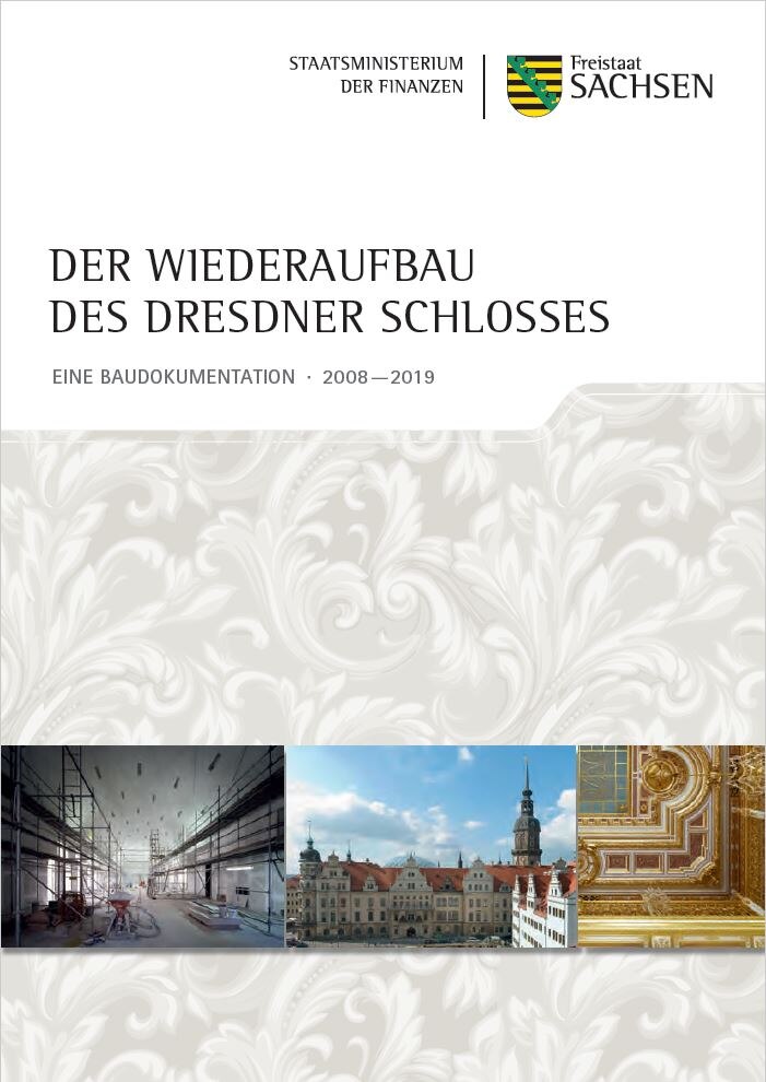 Titelbild der Broschüre zeigt verschiedene Ansichten des Schlosses. Im Hintergrund ein Fries aus Akanthusblättern.