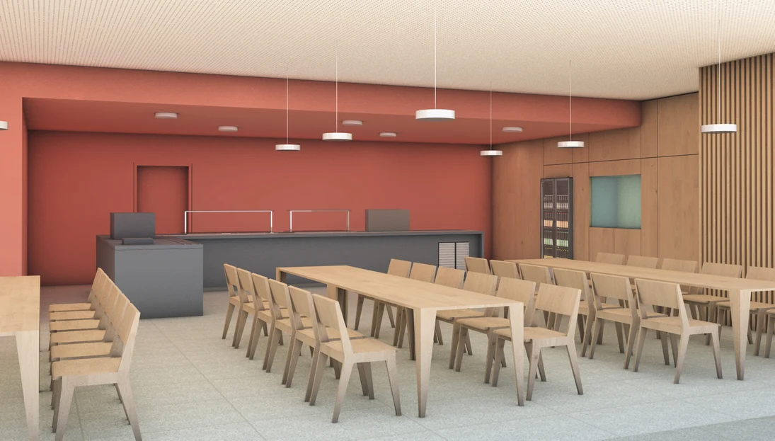 Zu sehen ist ein Entwurf des fertigen Speisesaals mit Holzst&uuml;hlen und Holztischen. Die Theke zur Essensausgabe ist dunkelgrau vor einer roten Wand. Die Decke ist wei&szlig; mit kleinen L&ouml;chern, um den Schall zu vermindern.